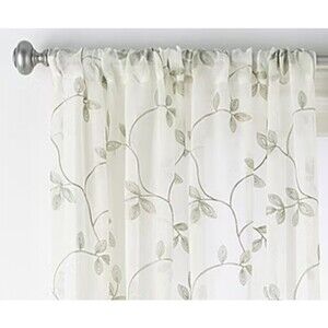 50 x 84 Sheer Rod Pocket Embroidered Curtain Panels Pair Ivory Green Leaves